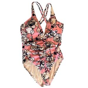 St John Womens Floral Ruched One Piece Swimsuit SJ9491 Pink Black White Size 10